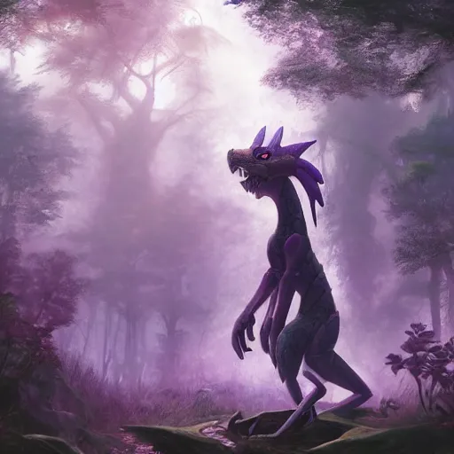 Prompt: concept art painting of an anthropomorphic purple humanoid bipedal dragon, in the deep forest, realistic, detailed, cel shaded, in the style of makoto shinkai and greg rutkowski and james gurney