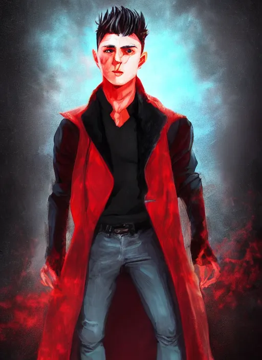 Image similar to An epic fantasy comic book style portrait painting of a young man with black cowlick haircut, wearing black overcoat, red clothes, blue jeans. Unreal 5, DAZ, hyperrealistic, octane render, cosplay, RPG portrait, dynamic lighting