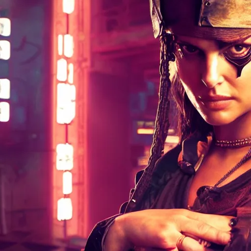 Image similar to a high quality portrait of natalie portman as a pirate in a cyberpunk cyberpunk cyberpunk cafe, realism, 8k, award winning photo