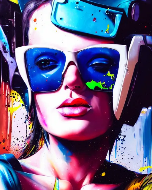 Prompt: a cyberpunk goddess wearing sunglasses, side portrait, striking, defiant, spotlight, paint drips, paint splatter, vibrant colors, beautiful eyes, futuristic clothing, by marco paludet and gianni strino and marion bolognesi