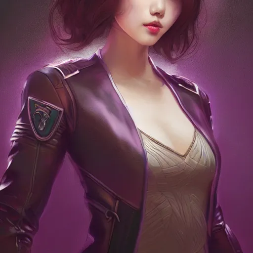 Prompt: portrait of Korean female futuristic short violet leather jacket and skirt expressive pose, intricate, elegant, highly detailed, digital painting, artstation, concept art, smooth, sharp focus, illustration, art by artgerm and greg rutkowski and alphonse mucha