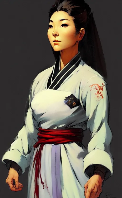 Image similar to magic : the gathering fantasy character concept art by frank frazetta and marco bucci, high resolution. a clear portrait of a stunning female south korean chef, wearing a hanbok apron, radiating powerful culinary energy, fantasy coloring, intricate, digital painting, artstation, smooth, sharp focus