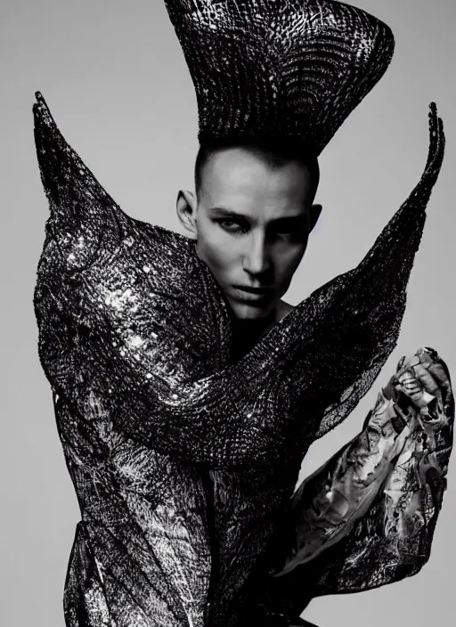 Image similar to a beautiful male dancer wearing iris van herpen couture, photographed by erwin olaf for vogue