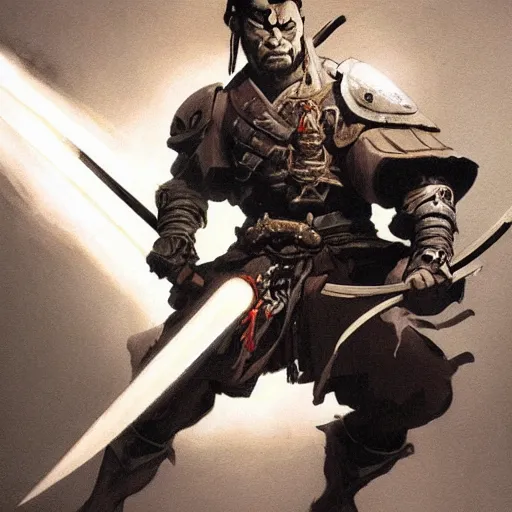 Image similar to samurai by frank frazetta, wielding a katana made of light, fantasy, very detailed, dungeons & dragons, sharp focus, striking, artstation contest winner, detailed