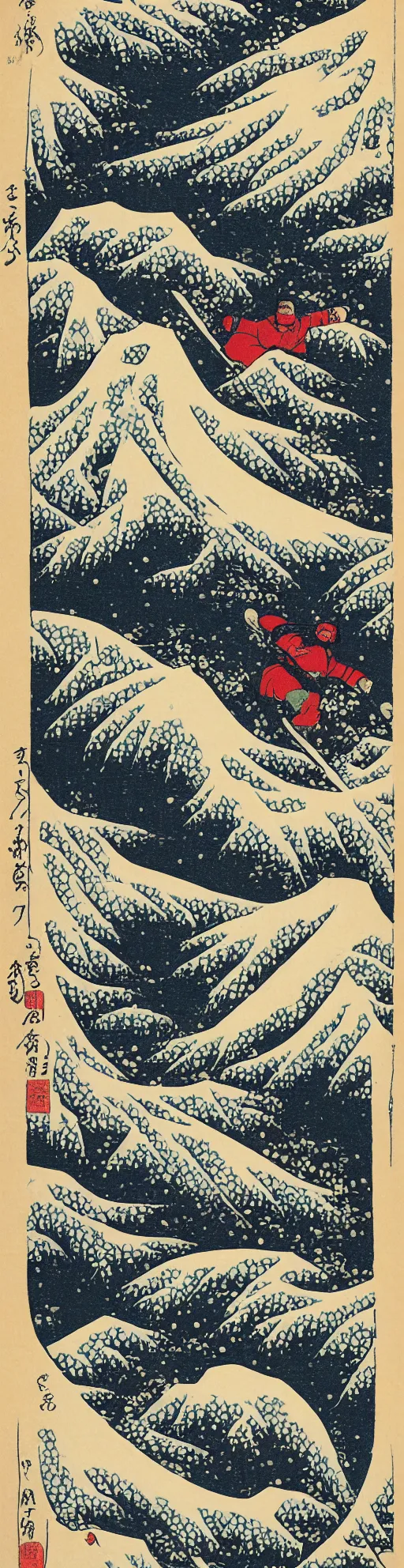 Image similar to man snowboarding carving tracks woodblock print, style of hokusai, fine art, style of kanagawa, winter painting