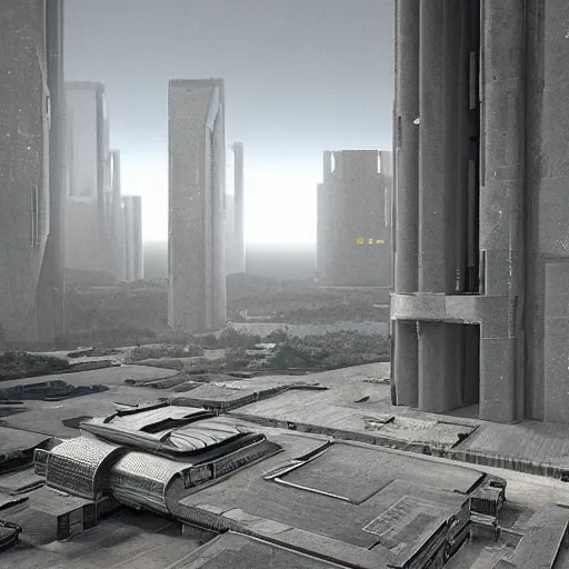 Image similar to scifi brutalist industrial complex, photorealistic