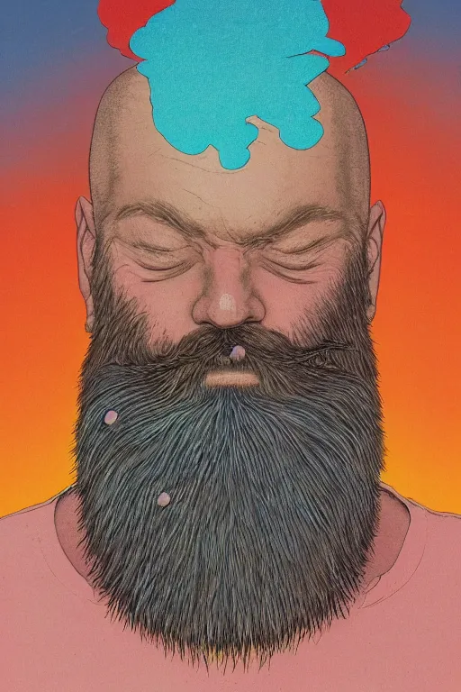 Image similar to a colorful closeup portrait of a bald man with a huge beard tasting a blotter paper of lsd acid and dreaming psychedelic hallucinations in the vast icy landscape of antarctica, by kawase hasui, moebius and edward hopper, colorful flat surreal design, hd, 8 k, artstation