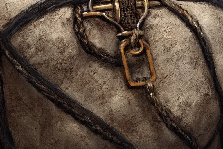 Image similar to close-up of a medieval bag wrapped with ropes, white background, concept art in style of Greg Rutkowski, painted by Frank Frazetta, trending on artstation