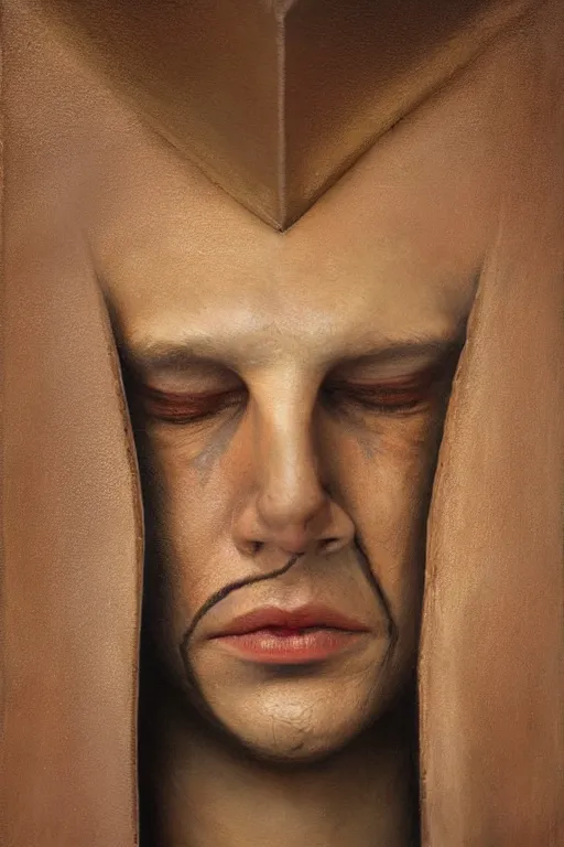 Image similar to hyperrealism oil painting, close - up portrait of face hiding in stingray medieval fashion model, knight, artwork by ken currie