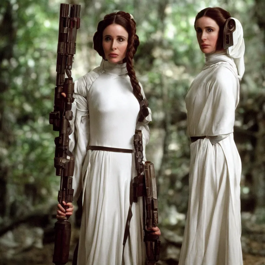 Image similar to madeleine stowe as princess leia, slave outfit, movie still, 8 k, realistic