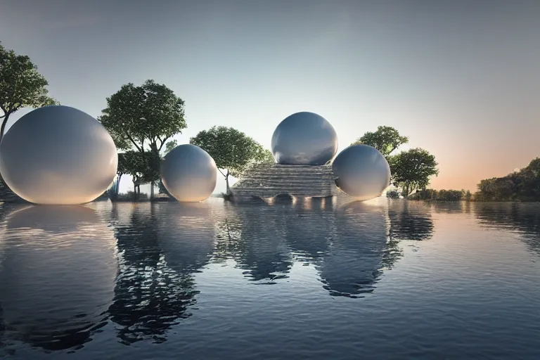 Image similar to a building formed by the intersection and fusion of many multi - white spherical and egg - shaped spaces. on the calm lake, people's perspective award winning, highly detailed 4 k art, dusk, unreal engine highly rendered, global illumination, radial light, internal environment by kazuyo sejima