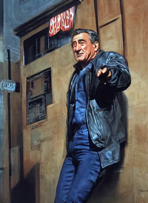 Image similar to painting of robert de niro in character as jack walsh in the movie midnight run, turning and flashing FBI badge, by Frank McCarthy