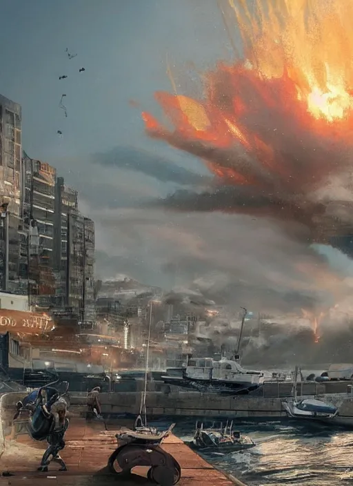 Image similar to hyper realistic squid robot attacking cape town city harbor explosions, atmospheric beautiful details, strong composition painted by kim jung giu weta studio rutkowski, james gurney and greg rutkowski, and lucasfilm