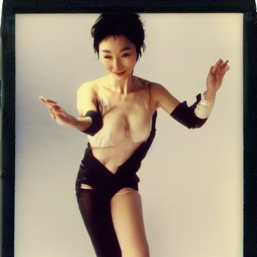 Prompt: maggie cheung as mai shiranui floating in zero gravity, playful atmosphere, polaroid photo