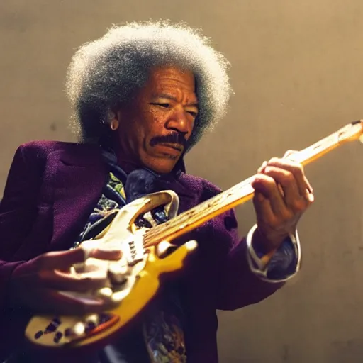 Image similar to a cinematic film still of Morgan Freeman starring as Jimi Hendrix, portrait, 40mm lens, shallow depth of field, close up, split lighting, cinematic