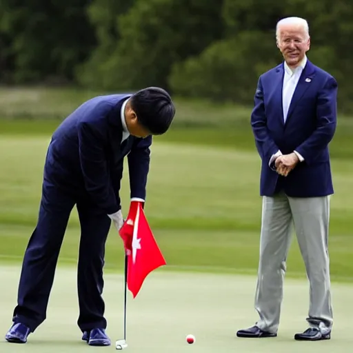 Image similar to xi jingping hits a putt while joe biden tends the flag