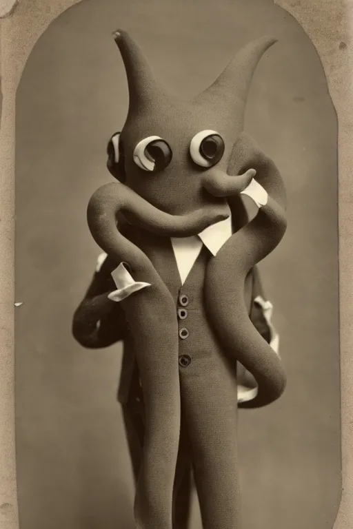 Prompt: anthropomorphic octopus ,with human hands, wearing a suit, vintage photograph, sepia