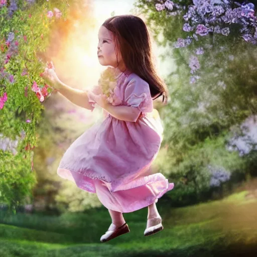Prompt: a sweet little girl with flowery dress is flying trough the window. sunny day. 3 d. cinematic scene. beautiful lighting.