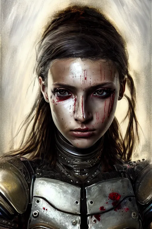 Prompt: a photorealistic painting of an attractive young girl, partially clothed in dirty metal-plated battle armor, a tiny spot of blood, olive skin, long dark hair, beautiful bone structure, symmetrical face, perfect eyes, intricate, elegant, digital painting, concept art, illustration, sharp focus, minimal artifacts, volumetric lighting, from Metal Gear, in the style of Ruan Jia and Mandy Jurgens and Greg Rutkowski, trending on Artstation, award winning