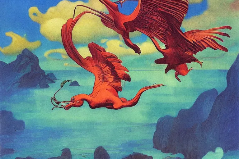 Prompt: fantastical bird flying over a tropical island, fluid, smooth, bright, colours, high contrast, sharpness, very detailed, intricate, by dali, magritte, edvard munch, da vinci, donato giancola, richard corben, zdzisław beksinski, moebius, francis bacon, studio ghibli, mucha and studio disney