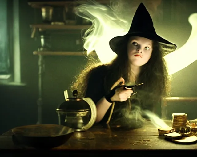 Image similar to close up portrait, dramatic lighting, calm confident teen witch and her cat mixing a spell in a cauldron, a little smoke fills the air, a witch hat, cinematic, a little green smoke is coming out of the cauldron, ingredients on the table, apothecary shelves in the background, still from nickelodeon show are you afraid of the dark?