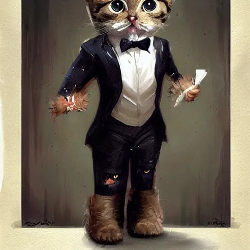 Image similar to cute kittycat man man wearing a cat costume wearing a tuxedo ripped physique greg rutkowski portrait