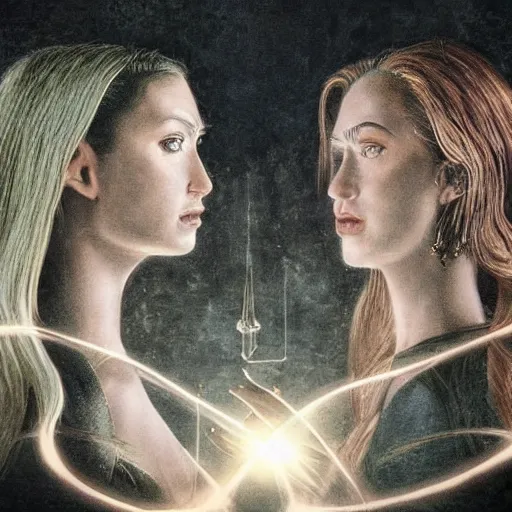 Prompt: a scene of two identical beautiful sorceresses face to face, full of detail, realistic lighting