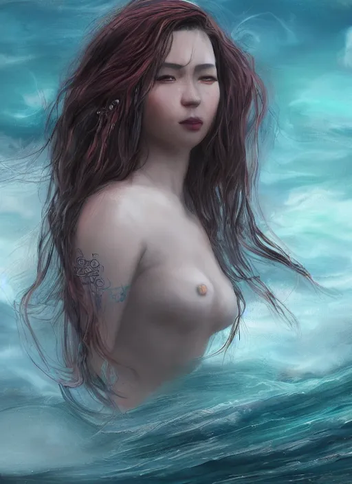 Prompt: a portrait of the sea witch with vibrant turbulent skies, photorealistic, by wlop, 4 k resolution
