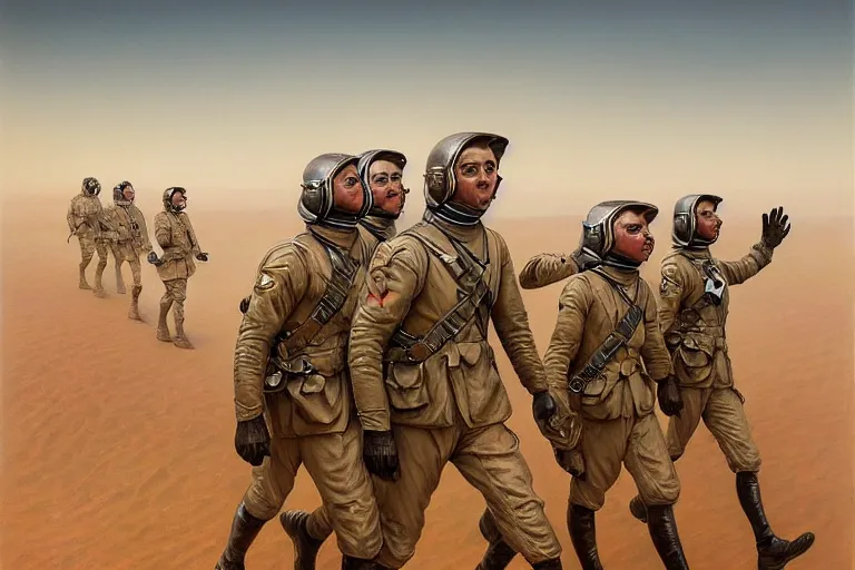 Image similar to portrait shot of ww 1 astronauts marching through the marsian desert, intricate, elegant, highly detailed, centered, digital painting, artstation, concept art, smooth, sharp focus, illustration, artgerm, tomasz alen kopera, peter mohrbacher, donato giancola, joseph christian leyendecker, wlop, boris vallejo