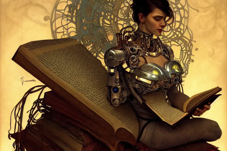 Prompt: a cyborg reading from an old book with a leather cover, fantasy, sci-fi, intricate, elegant, dramatic lighting, highly detailed, lifelike, photorealistic, digital painting, artstation, concept art, smooth, sharp focus, illustration, art by John Blanche and Paul Dainton and Darren Tan and Pierre Loyvet and Alphonse Mucha