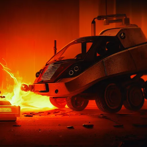 Image similar to toaster oven robot, mechanical, machine, octane render, sharp focus, hyper - realistic, intricate, detailed, eduard pronin, luka mivsek, ruan jia, dark messy smoke - filled cluttered workshop, dark, dramatic lighting, orange tint, sparks, cinematic, highly detailed, sci - fi, futuristic, movie still