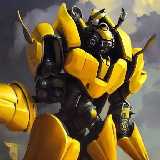 Image similar to greg manchess portrait painting of bumblebee the transformer as overwatch character, medium shot, asymmetrical, profile picture, organic painting, sunny day, matte painting, bold shapes, hard edges, street art, trending on artstation, by huang guangjian, gil elvgren, ruan jia, greg rutkowski, gaston bussiere