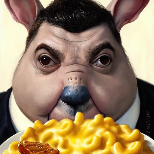 Prompt: hyper realistic, close up portrait of a derpy mr. bean, big chungus covered in wet mac and cheese by greg rutkowski, scott m fischer, artgerm, loish, slight glow, atmospheric
