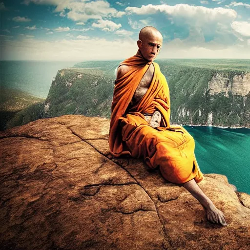 Prompt: a huge war monk sitting on a giant cliff, beautiful scenery, digital masterpiece