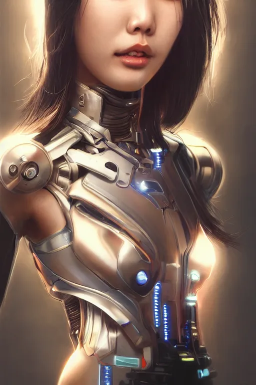 Image similar to Photorealistic illustration, Korean woman with augmented cybernetic eyes in 3/4 portrait view, cyberpunk 2077, sci-fi, futuristic, intricate, elegant, highly detailed, digital painting, artstation, concept art, smooth, sharp focus, art by artgerm, greg rutkowski and alphonse mucha