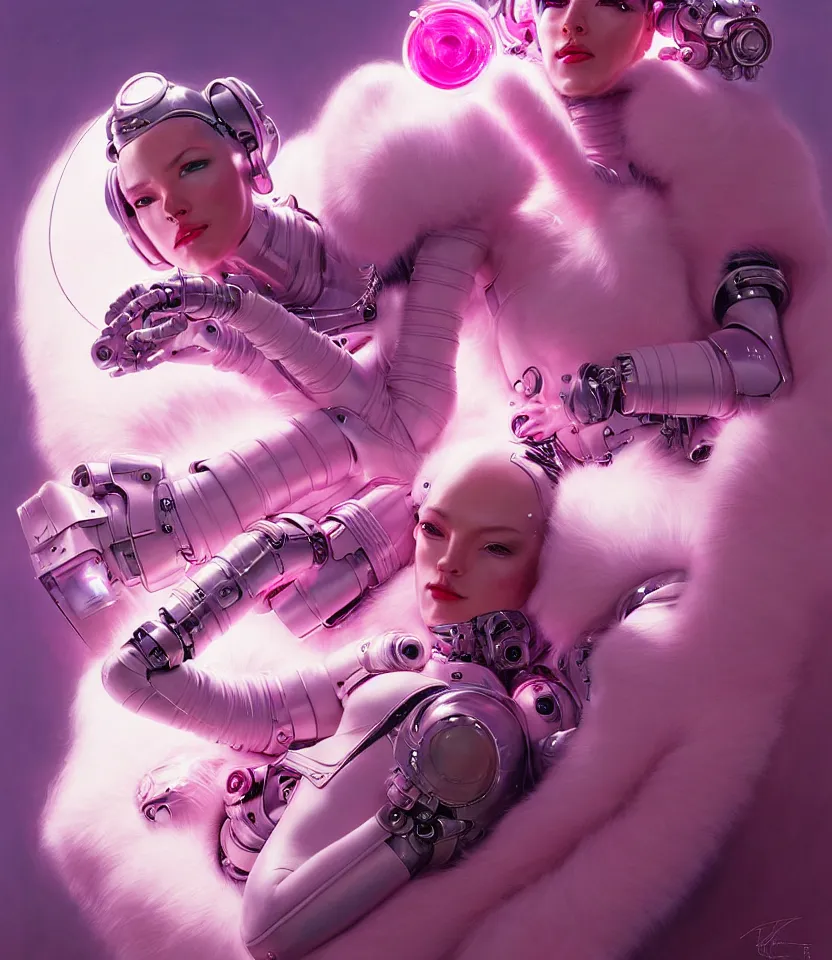 Image similar to beautiful fantasy character portrait of a female cyborg, wearing pink puffy bomber jacket with white fur, seductive reclining pose, lasers, ultra realistic, dramatic lighting, robots, the fifth element artifacts, highly detailed by peter mohrbacher, hajime sorayama, wayne barlowe, boris vallejo, aaron horkey, gaston bussiere, craig mullins