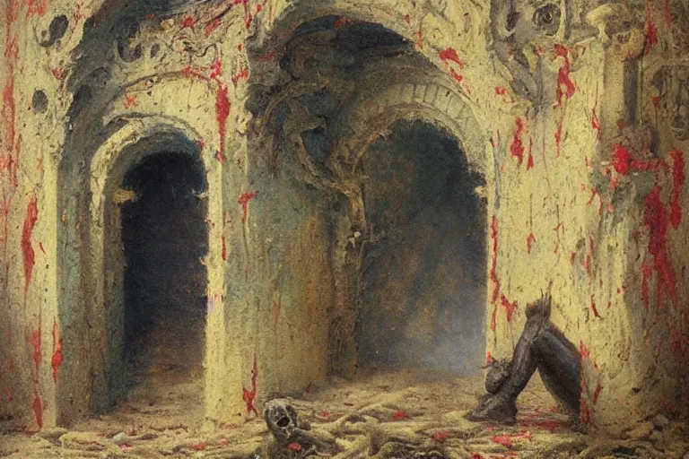 Prompt: painting of a bleeding man sitting at the edge of a portal into the astral plane. the portal is inside a cold, decrepit house. through the portal we see a vibrant tower of a thousand colors. the man is being squeezed by black tentacles. art by gaston bussiere