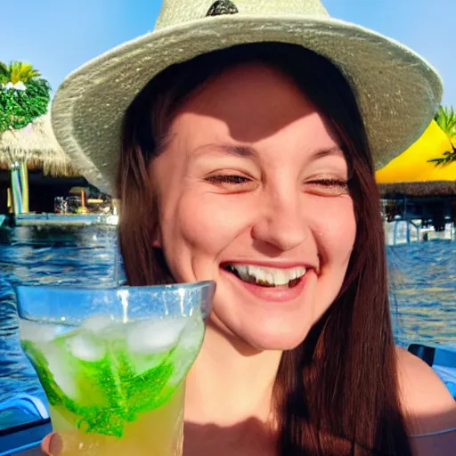 Image similar to alien drinking a mohito at the beach