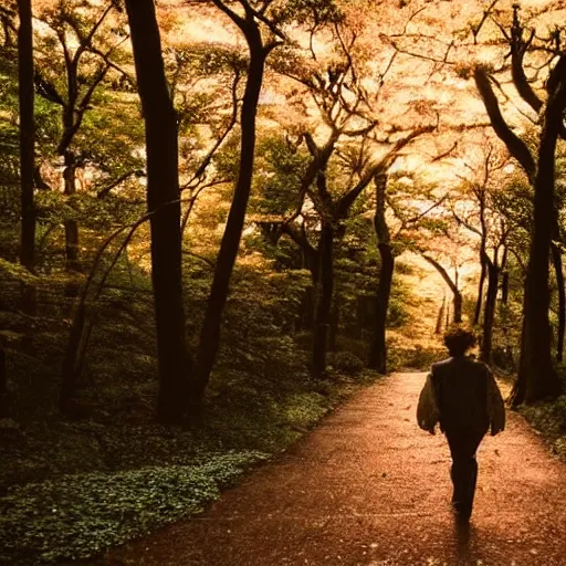 Image similar to 1 9 9 0 s candid 3 5 mm photo of a beautiful forest in tokyo, cinematic lighting, cinematic look, golden hour, the clouds are epic and colorful with cinematic rays of light, a man walks down the center of the forest with a beanie on, photographed by petra collins, uhd