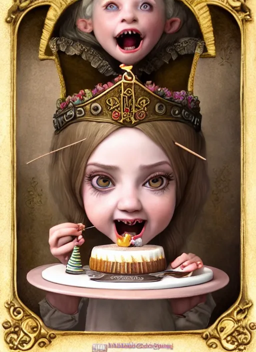 Prompt: highly detailed closeup portrait of a grinning irish fairytale medieval princess eating birthday cake, unreal engine, nicoletta ceccoli, mark ryden, lostfish, earl norem, global illumination, god rays, detailed and intricate environment