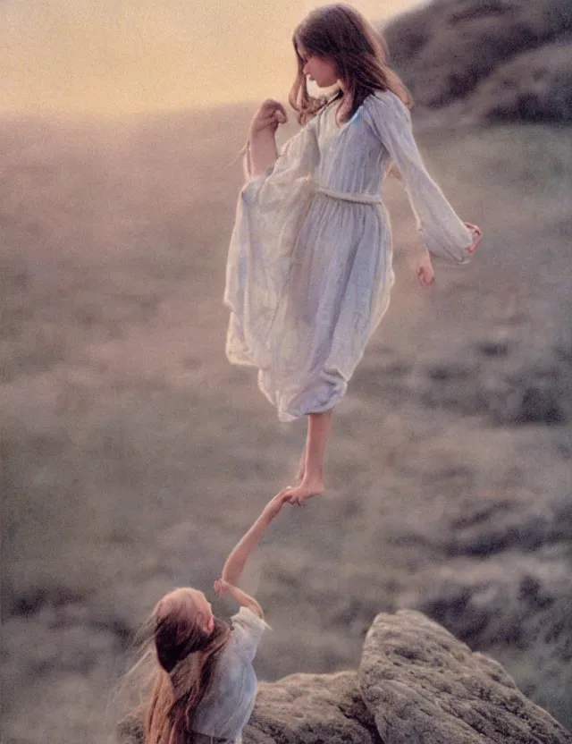 Image similar to peasant barefoot girl with long blowing windy hair standing hands up on the edge of rock, cottage core, cinematic focus, polaroid photo bleached vintage pastel colors high - key lighting, soft lights, foggy, by steve hanks, by lisa yuskavage, by serov valentin, by tarkovsky, 8 k render, detailed, oil on canvas