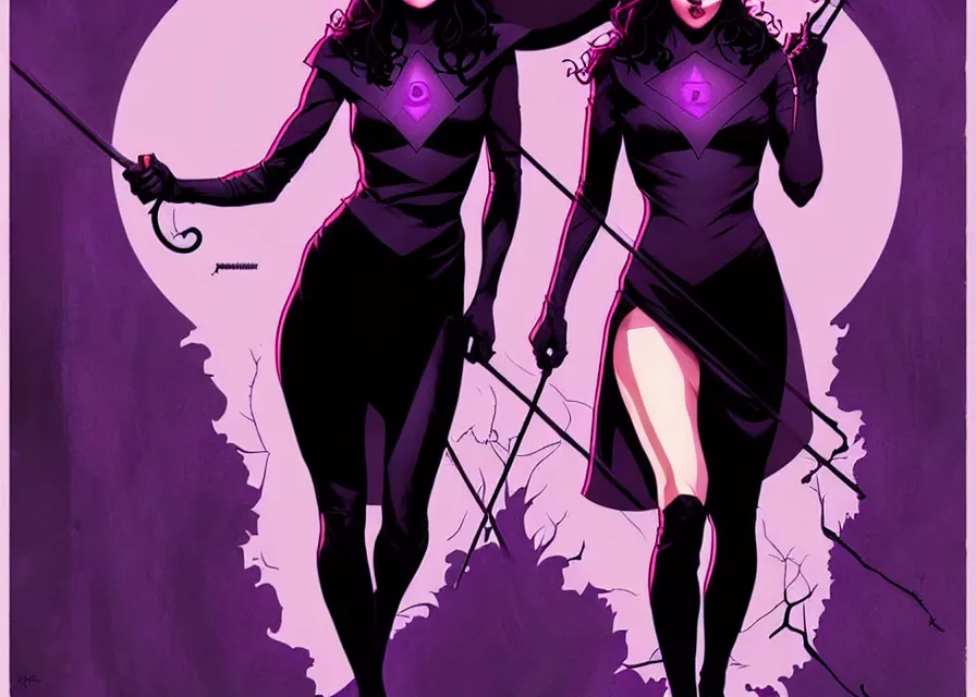 Image similar to Rafael Albuquerque comic cover art, artgerm, Joshua Middleton, pretty Stella Maeve witch doing black magic, serious look, purple dress, symmetrical eyes, symmetrical face, long black hair, full body, dark forest in the background, cool colors