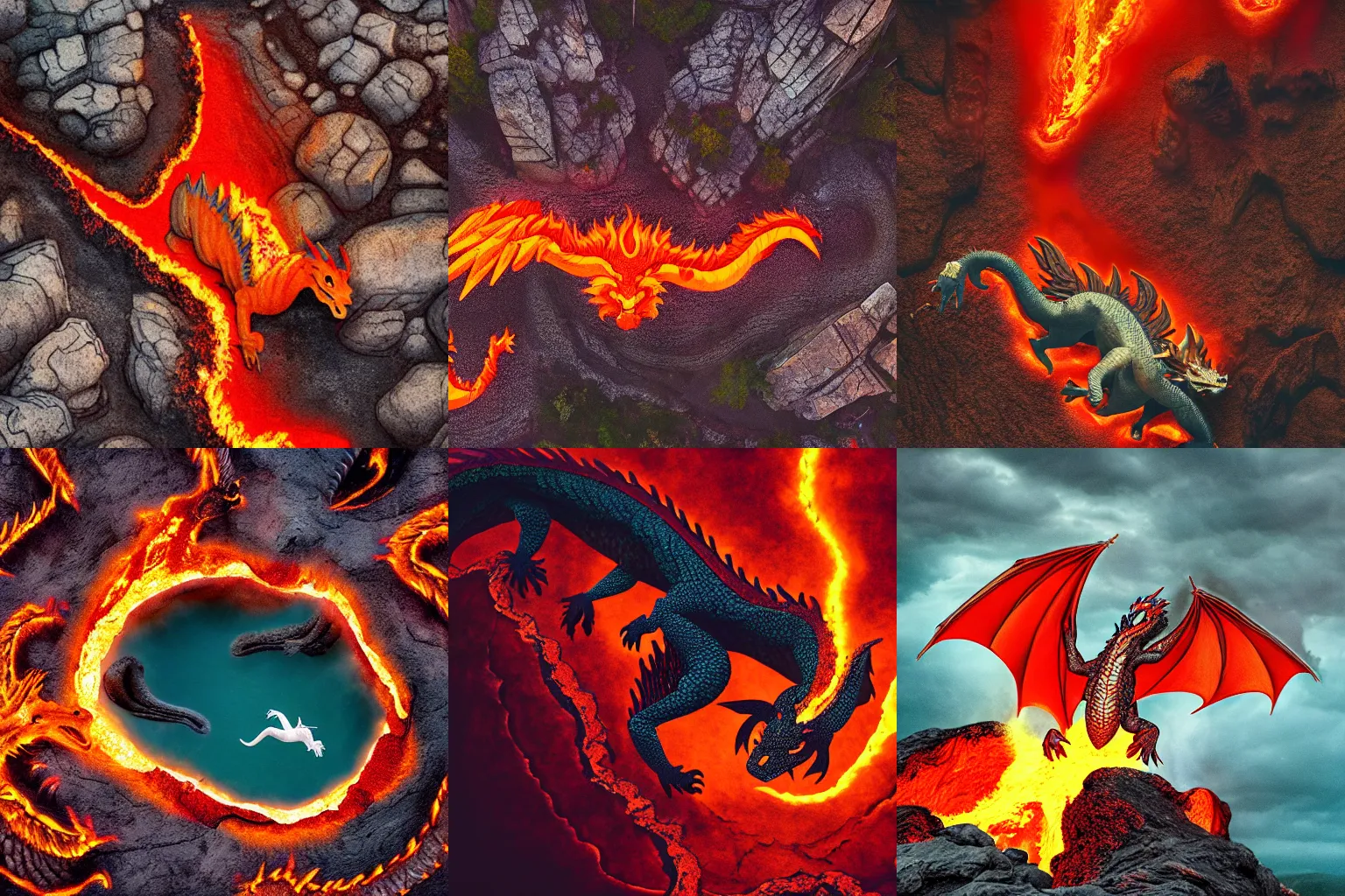 Image similar to photoshop of a mythological western fantasy dragon animal bathing in lava, cryptid, unexplained phenomena, drone photography