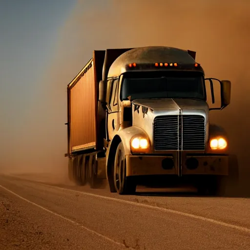 Prompt: ups feeder tractor trailer truck in mad max : fury road, midday light, 2 8 mm lens, dust storm,