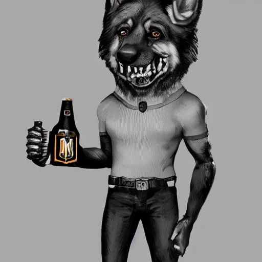 Image similar to a humanoid german shepherd beast - man in soccer style, holding a bottle of beer, artstation, concept art, smooth, sharp foccus ilustration, artstation