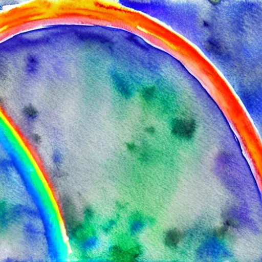 Image similar to dancing on top of a rainbow in the stratosphere, watercolor, desaturated colors, muted colors, minimalist, ink under paint, high - angle view from 1 0 0 feet distance. digital art, ue 5
