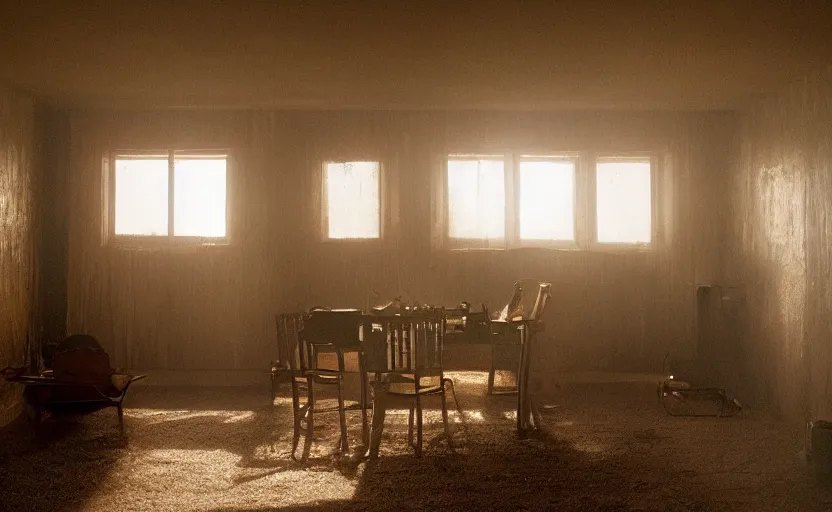 Image similar to photo of the interior of a house built on nothing and something for the nothing underneath, scene from being john malcovich film directed by charlie kaufman ( 2 0 0 1 ), moody cinematography and lighting, 2 4 mm anamorphic lens