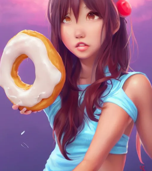 Prompt: ! dream aoi asahina, a tan skinned athletic japanese girl, eats a donut happily, art by stanley lau, artgerm, rossdraws, ross tran, sakimichan, cyarine, beautiful art