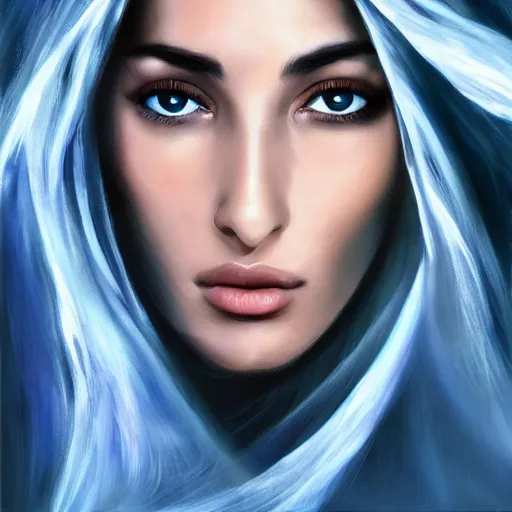 Image similar to Beautiful face Portrait of crying young arab Monica Bellucci, really big blue ocean color huge eyes, blue indygo thunder lightning, long wavy black hair, white veil, blue fire, closeup, focus face, middle eastern, dramatic lighting, intricate, wild, highly detailed, digital painting, artstation, concept art, smooth, sharp focus, illustration, art by artgerm and greg rutkowski and alphonse mucha, footage from space camera