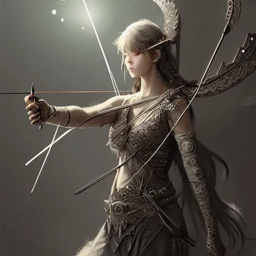 Prompt: beautiful extremely detailed intricate concept art depicting an archer by wlop. shining jewelry. grey atmosphere. particles in the background.